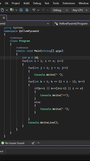 Hollow Pyramid Pattern in C# Easy Console Program #codingforbeginners #csharptutorial #shorts
