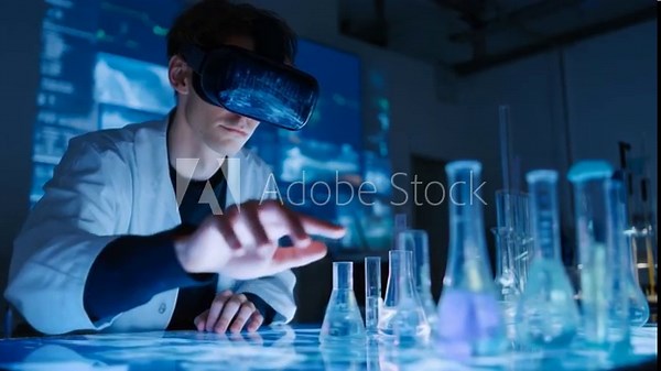 A handsome university student uses a VR lab to safely conduct high-risk chemistry experiments without using physical chemicals,