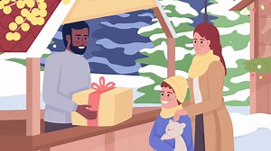 Animated fair customers illustration. Mother and kid buying presents. Christmas preparation. Looped flat color 2D cartoon characters animation on winter market background. HD video with alpha channel