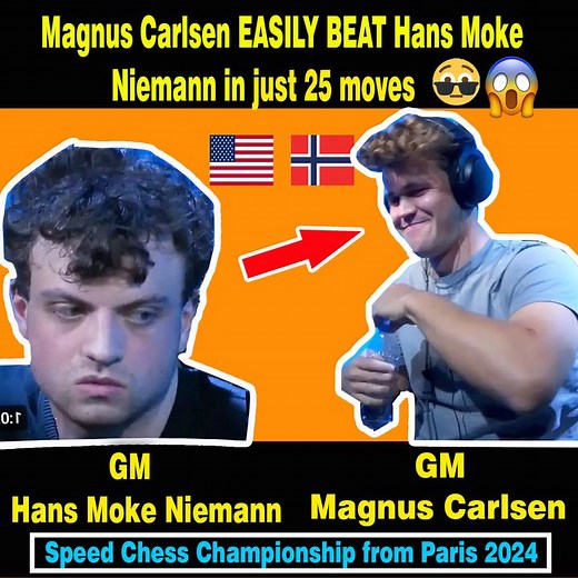3.7K views · 29 reactions |  Magnus Carlsen dominated the competition in Game 3 of the Speed Chess Championship 2024, defeating Hans Moke Niemann in just 25 moves! Stay tuned for more exciting matches from the world champion. #Chess #SpeedChessChampionship2024 #MagnusCarlsen #HansMokeNiemann #Game3 #DominanceDefined | Bukidnon Immortal Chess | Facebook