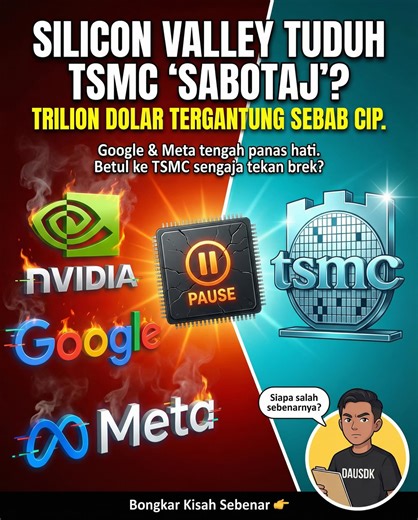 DausDK on Instagram: "Silicon Valley Tuduh TSMC “Sabotaj” AI Boom? 🤯🔥 Korang perasan tak, semua gergasi tech (Google, Meta, Microsoft) tengah berebut nak cip AI, tapi barang tak sampai-sampai? Diorang tuduh TSMC “tekan brek” dan terlalu takut ambil risiko. Kononnya sebab TSMC lembab, berbilion dolar revenue diorang hangus. Tapi bila Daus bedah data sebenar, lain pula ceritanya. ✅ TSMC belanja $56 Billion (2026) untuk kilang baru. ✅ Masalah sebenar bukan cip, tapi Hukum Fizik. ✅ Dan plot twist
