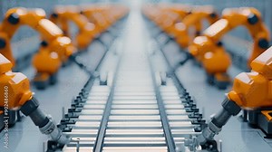 Rows of yellow robotic arms working on an automated assembly line in a modern factory, advanced robotics and industrial automation technology.