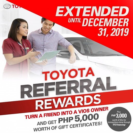 Good news, Toyota owners! Toyota Referral Rewards Program is extended. Encourage friends to get a Toyota Vios and receive up to P8,000 worth of gift certificates for every successful referral. For more details, visit: https://bit.ly/2wQZvPH. | Toyota Motor Philippines
