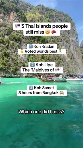 Everyone knows about Phi Phi and Koh Samui, with Maya Bay closing for summer, you should try these instead 🇹🇭 🏝️ Koh Kradan – Crystal-clear water, white sand and home to one of the world’s most beautiful beaches. 🌊 Koh Lipe – Often called Thailand’s answer to the Maldives thanks to its turquoise water and incredible snorkelling. 🚕 Koh Samet – One of the easiest islands to reach from Bangkok, making it perfect if you don’t want to spend a full day travelling. 👇 Or which Thai island would yo