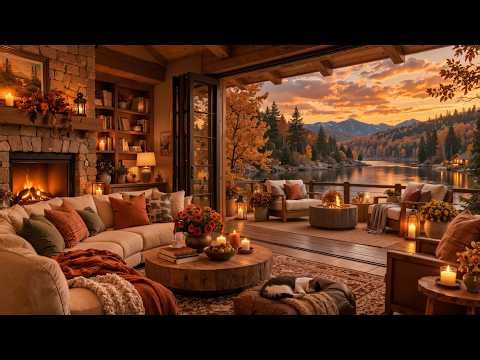 Cozy Autumn Cabin Jazz 🍂 Warm Fireplace & Lakeside Sunset Ambience for Deep Focus and Study