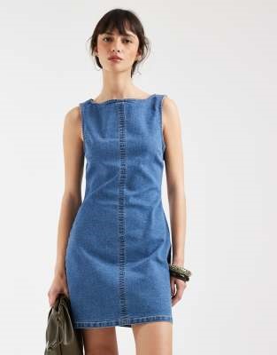 ASOS DESIGN denim slash neck bodycon mini dress in mid blue | ASOS