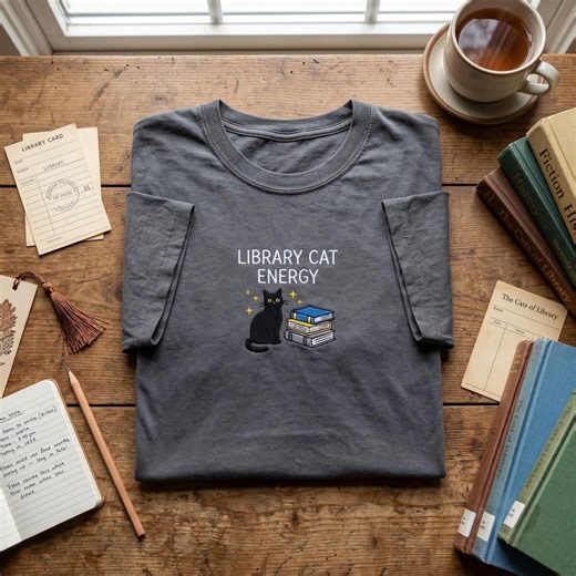 Library Cat Energy Embroidered T-shirt, Black Cat With Stack of Books Tee, Academic Aesthetic Shirt, Librarian Gift, Bookish Embroidery - Etsy