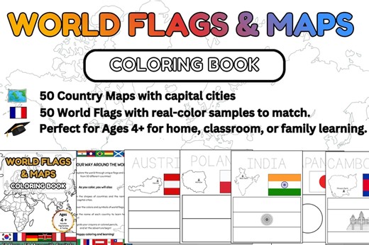 World Flags and Maps Coloring Book | 50 Countries, Capitals, Geography Workbook (PDF) - Etsy