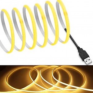 MDee】USB COB Tape Light LED Strip 1.64ft/0.5m- Flexible 5mm Hidden DC 5V LED Tape with 320 LEDs/m for Warm (2700K) Lighting. Cuttable, Shapeable, USB Powered. Ideal for Kitchen