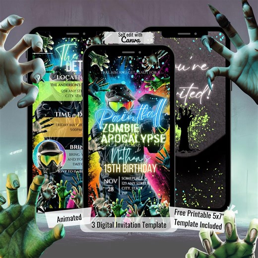 Zombie Paintball Birthday Invitation, Teen Boy Party Invite, Birthday Laser Tag Theme, Zombie Apocalypse Printable & Animated Templates, 78 - Etsy
