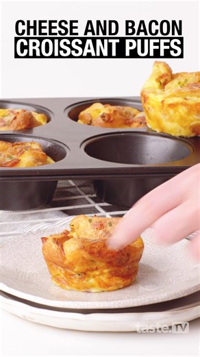 Turn leftover croissants into these cheese and bacon puffs! https://www.taste.com.au/recipes/cheese-bacon-croissant-puffs-recipe/w76ybnc3 | Taste.com.au