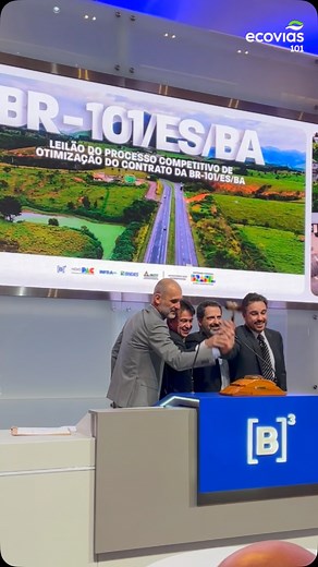 Ecovias Capixaba on Instagram: "Seguimos juntos para mais este passo importante na história do Espírito Santo! 💚🛣️ O grupo Ecorodovias venceu o leilão de concessão da BR-101/ES/BA, que aconteceu na bolsa de valores brasileira, a B3, na tarde desta quinta-feira (26). A modernização e otimização do contrato da concessionária Ecovias 101, que opera o trecho desde 2013, chega com mais de R$ 10 bilhões em investimentos. O novo modelo contratual representa um marco inédito no setor de concessões rod