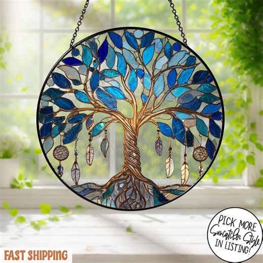 Blue Tree of Life Stained Glass Suncatcher, Dreamcatcher Window Hanging, Gift for Family Protection - Etsy