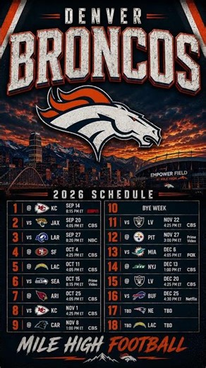 DENVER BRONCOS 2026 NFL FOOTBALL SCHEDULE ￼