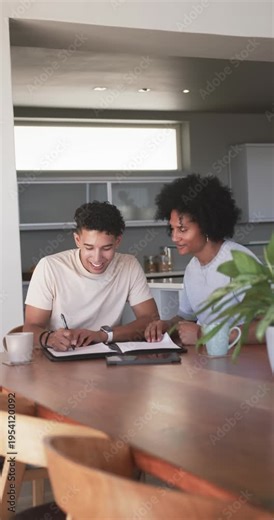 Left man writing notes, leading partner sharing pen and cowriting bills while animated list syncing