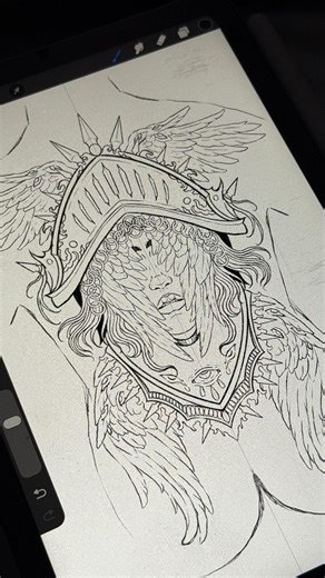 NEVEN on Instagram: "La naissance d’une guerrière, d’un ange. Une figure née de plusieurs inspirations : le séraphin, les Valkyries, les anges guerriers, et Némésis — déesse de la justice aux yeux bandés. Un symbole de protection divine, de force silencieuse et de foi intérieure. Ce dessin représente la présence d’une entité céleste qui veille. Avoir confiance en son gardien, sans céder à la vengeance. Le jugement appartient aux anges, au divin — à nous, il reste la force que l’on tire de nos ép