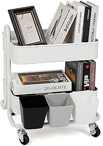 2-Tier Rolling Cart with Wheels, G-Hemobel Metal Utility Cart with 3 Hanging Cups and 2 Lockable Wheels, Organizer Cart with Multi-Functional Storage, White