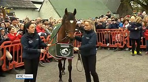 Aintree Grand National double winner Tiger Roll has returned home to a heroes' welcome in County Meath. Crowds turned out in Summerhill to greet the Gordon Elliott trained winner - the first horse to win back-to-back Grand Nationals since the legendary Red Rum in 1974. | RTÉ News