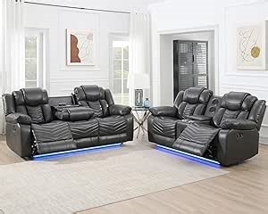 Power Reclining Sofa Set with LED Light,0 Gravity Air Leather Recliner Sofa Set with Bluetooth Speaker,Wireless Charger,Storage Console,USB Ports,Cup Holders for Living Room/Office(2Pcs,Gray)