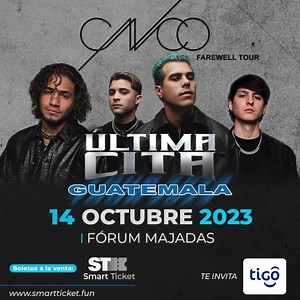 140K views · 630 reactions |  ¡ULTIMA CITA CON CNCO!  Una nueva experiencia #TigoMusic que viene con todo, súmate al tour de despedida de CNCO, este 14 de octubre en Forum Majadas. ¿Quieres entradas? Deja tu comentario para desbloquear pases dobles. | Tigo Guatemala | Facebook