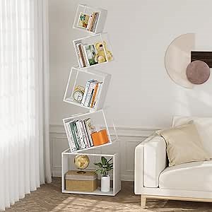 Bookshelf, Unique 5-Tier 67” Tall Bookshelves, Modern Geometric Bookcases Cool Metal Book Shelf, Corner Bookshelf for Bedroom, Living Room, Home Office (White)