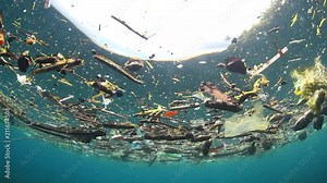 Underwater garbage - trash floating at sea, two footage