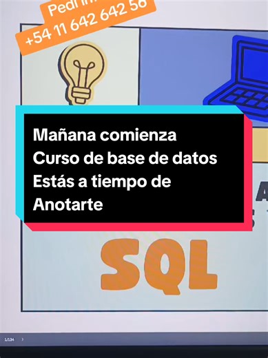 Curso de base de datos nivel básico. Comienza mañana martes 10. Martes y jueves, 4 clases de 2 horas cada una. Si queres dar tus primeros pasos en el mundo de los datos es tu oportunidad! #datos #aprender #formacionprofesional #cursosonline #basededatos