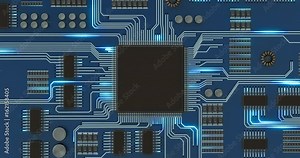 Processor or microchip and electronic signals on motherboard circuit. 3D rendered looping animation.