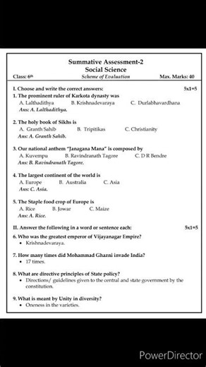 6th Standard | Social Science | SA-2 | Sceme of Evaluation | Question Paper with Key Answers #Social