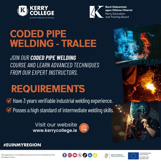 Advance Your Welding Career in Tralee! 🔥 Our Coded Pipe Welding Course is designed to meet industry demand for highly skilled and certified professionals. ✅ Starts February 2026 ✅ Must have: • Intermediate welding skills • 3 years verifiable industrial welding experience Take the next step toward becoming a certified expert in pipe welding! 📍 Limited places available – https://kerrycollege.ie/full-time-courses/coded-pipe-welding-tralee/ #KerryCollege#Welding #CodedPipeWelding #Tralee #CareerGr