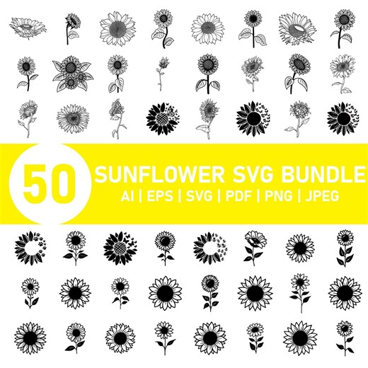 50 Sunflower SVG Bundle, Boho Floral Clipart Designs, Sunflower Vector Files for Cricut & Silhouette, Digital Download, Floral SVG Bundle, - Etsy