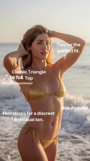 This is our Gold Metallic Cheeky Bikini Set. It’s the ultimate choice for the woman who craves boldness and comfort. The thin straps accentuate tan lines, while the golden hue makes your beauty shine. Available in other metallic colors and also in plus size ✨ #BenattiBeachwear #brazilianbikinis #goldbikini #plussizebiki #bikiniset