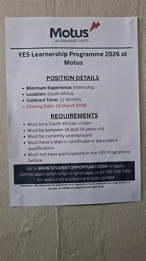 Learnership Opportunity!🚨 Apply for the 2026 YES Learnership Programme at Motus. South Africa 12 Months Matric required Closing: 13 March 2026 #Learnership #YESProgramme #JobOpportunity #SouthAfrica #MatricJobs