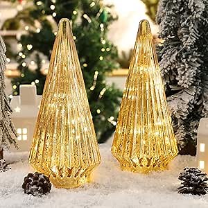 Christmas Decorations Indoor-2PCS Light Up Gold Glass Christmas Tree -Christmas Table Decorations Lighted for Home Living Room Fireplace Tabletop Party