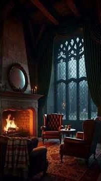 Stormy Castle Ambience Fireplace & Leather Chair Rain & Snow Cozy ASMR Short