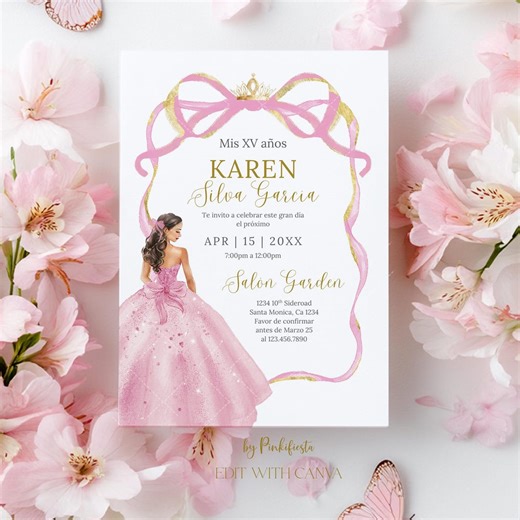 Pink Quinceanera Invitation in Spanish: Canva Editable Template (digital Download) - Etsy