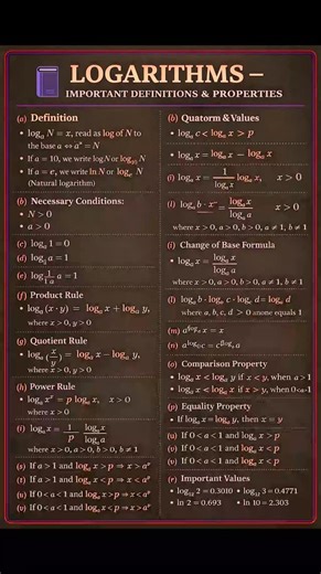 Logarithm all properties in one post , save for later, share for help others Where Logarithms Are Used 📊 Science & Engineering • Measuring earthquakes (Richter scale) • Measuring sound intensity (decibel scale) • Studying acidity and alkalinity • Space science and astronomy 💻 Computers & Technology • Data compression • Algorithm efficiency • Artificial Intelligence • Machine learning calculations 💰 Finance & Economics • Compound interest • Population growth • Stock market analysis • Economic 