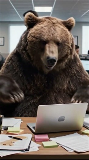 Angry Brown Bear Working in an Office