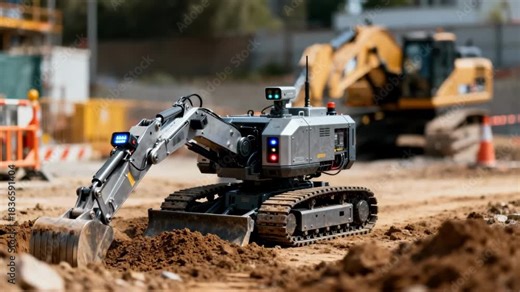 Heavyduty excavation robot digging earth efficiently in a construction zone equipped with advanced sensors.