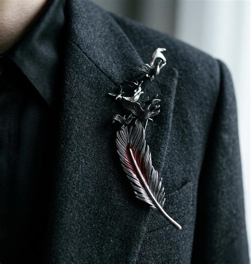 Gothic Raven Feather Brooch - Dark Silver Crow Pin With Red Accent - Moonvail Dark Academia Jewelry - Flying Birds Lapel Badge 5.7cm - Etsy