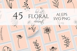 45 Vector Line Art Floral Elements, a Decorative Illustration by Dervik Art Store