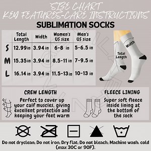 Sublimation Socks Size Chart | Sublimation Socks Key Features and Care Instructions | Sublimation Socks Mockup Size Chart | Socks Size Chart - Etsy Finland