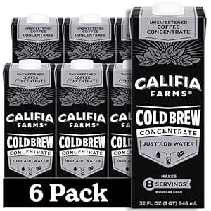 Califia Farms - Unsweetened Cold Brew Coffee Concentrate, 32 Fl Oz (Pack of 6), 100% Arabica, Shelf Stable, Plant Based, Vegan, Gluten Free, Non GMO, Sugar Free, Iced Coffee