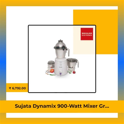 Looking to elevate your kitchen game? 🤔✨ Introducing the Sujata Dynamix 900-Watt Mixer Grinder! With its three stainless steel jars and an impressive 22000 RPM, you can effortlessly whip up everything from silky smoothies to spices and chutneys! 🌶️🥤 Its sleek white design fits perfectly in any modern kitchen, while the shock-proof body ensures safe and reliable operation. Experience the joy of cooking like never before! 👩‍🍳❤️ Don't miss out on this essential kitchen companion for just ₹6792