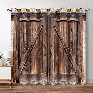 Jekeno Rustic Wood Blackout Curtains Vintage Wooden Barn Door Farmhouse Home Bedroom Living Room Decor Brown Grommet Window Drapes 2 Panel Set, 52"x84"