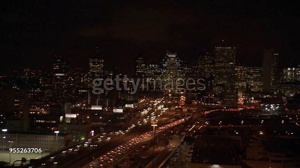 AERIAL OF DOWNTOWN BOSTON SKYLINE. HIGH RISES, APARTMENT BUILDINGS,...