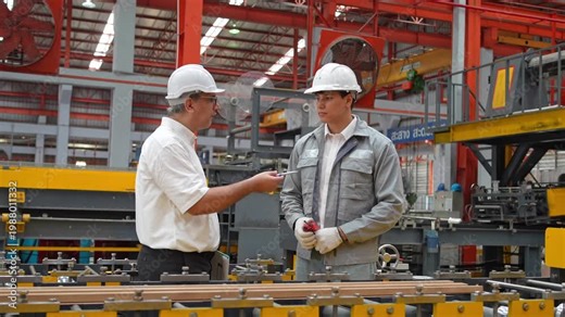 Collaboration between engineers and managers in industrial manufacturing facility usa business discussion indoor professional setting