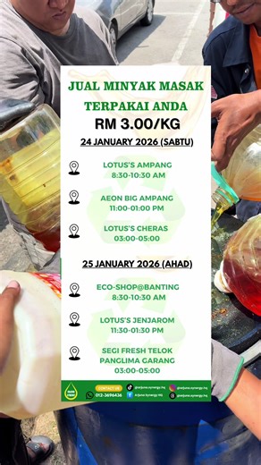 Jadual kutipan minyak masak terpakai weekend ni! #minyakmasakterpakai #pembeliminyakmasakterpakai #minyakmasakterpakaiampang#minyakmasakterpakaicheras #minyakmasakterpakaibanting