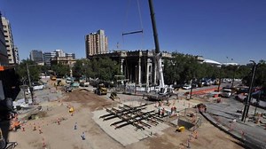 Drone footage of North Terrace tram extension works being laid out in preparation for installation