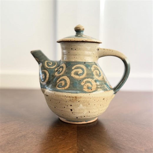 Vintage Margo Studio Pottery Teapot | Signed Hand Thrown Ceramic Teapot With Lid | Blue Swirl Glaze | Artisan Stoneware Decor - Etsy